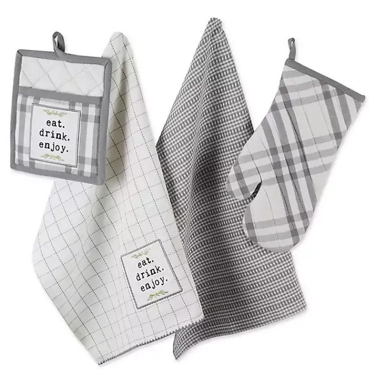 Kitchen Accessories-Kirklands Home Gray Plaid Eat Drink Enjoy 4-pc. Dish Towel Set