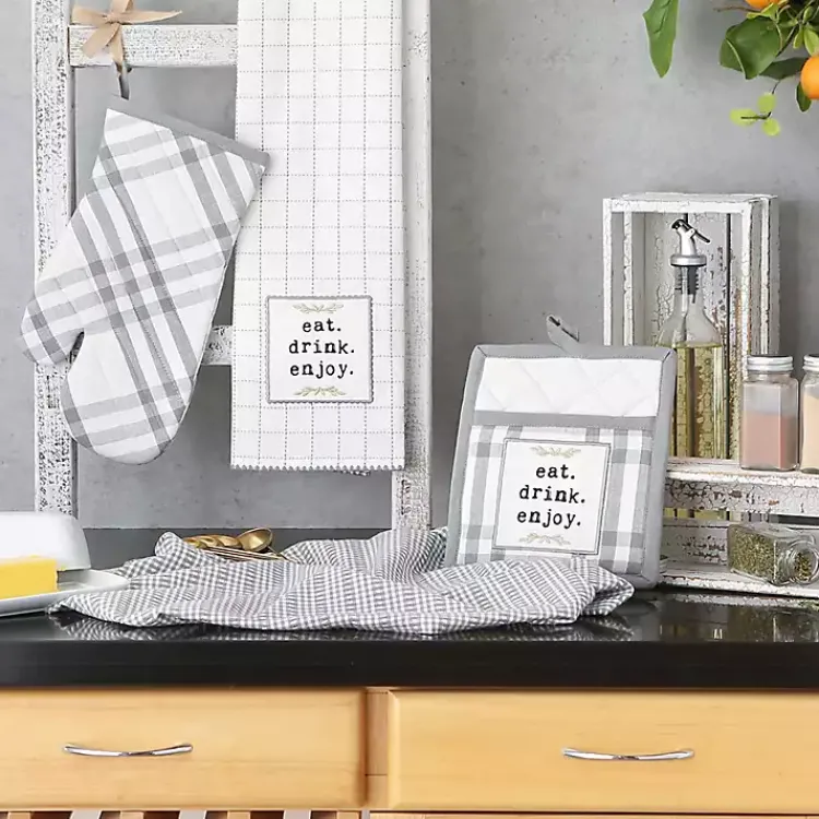 Kitchen Accessories-Kirklands Home Gray Plaid Eat Drink Enjoy 4-pc. Dish Towel Set