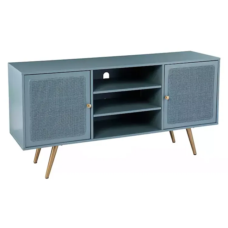 Tv Stands & Media Consoles-Kirklands Home Light Wood and Cane Media Cabinet Blue