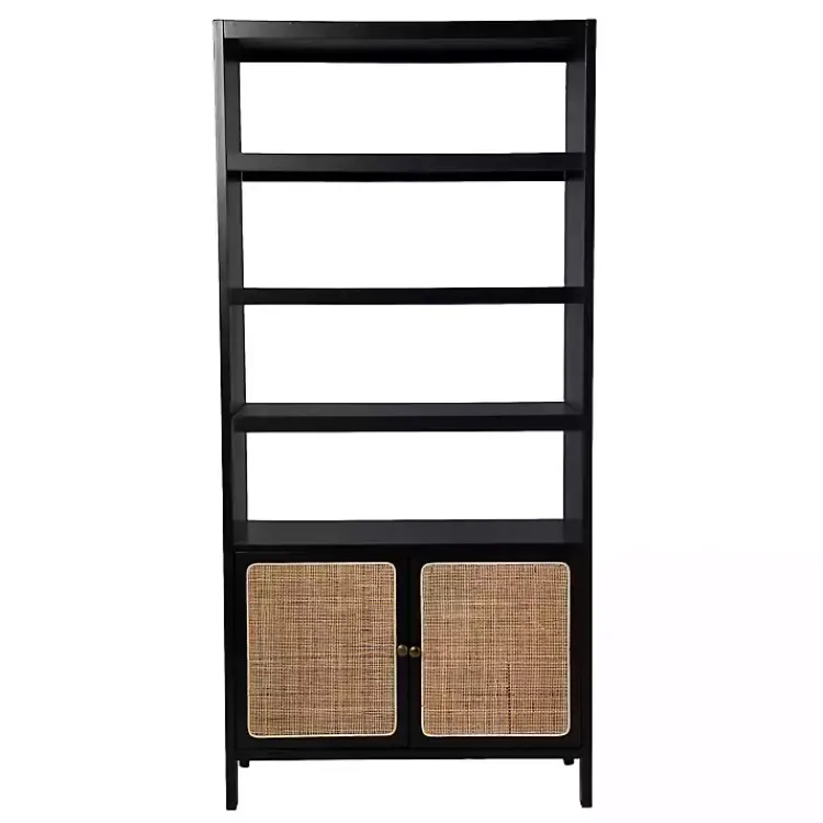Bookshelves-Kirklands Home Wood Cane Doors Bookshelf Black
