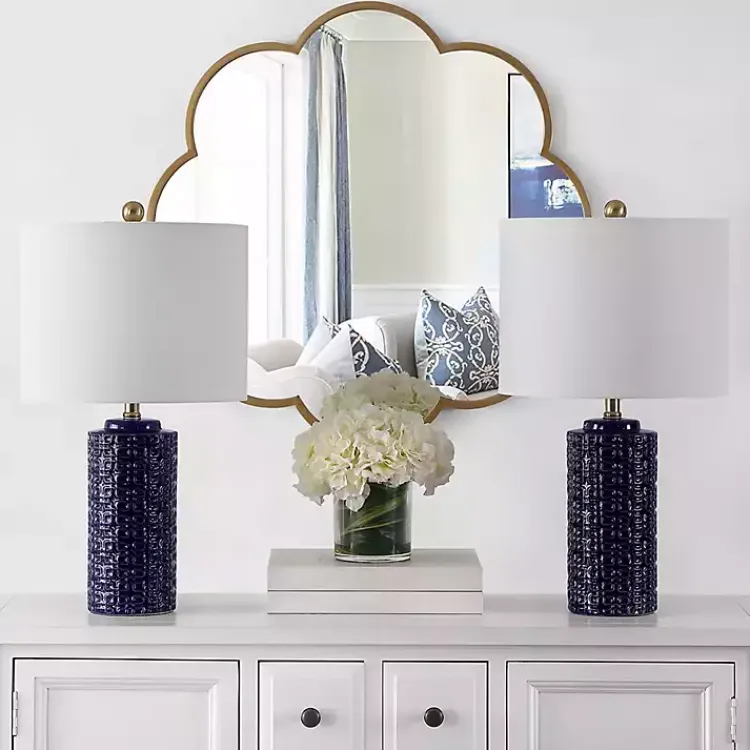 Table Lamps-Kirklands Home Navy Ceramic Motif Table Lamps, Set of 2 Blue