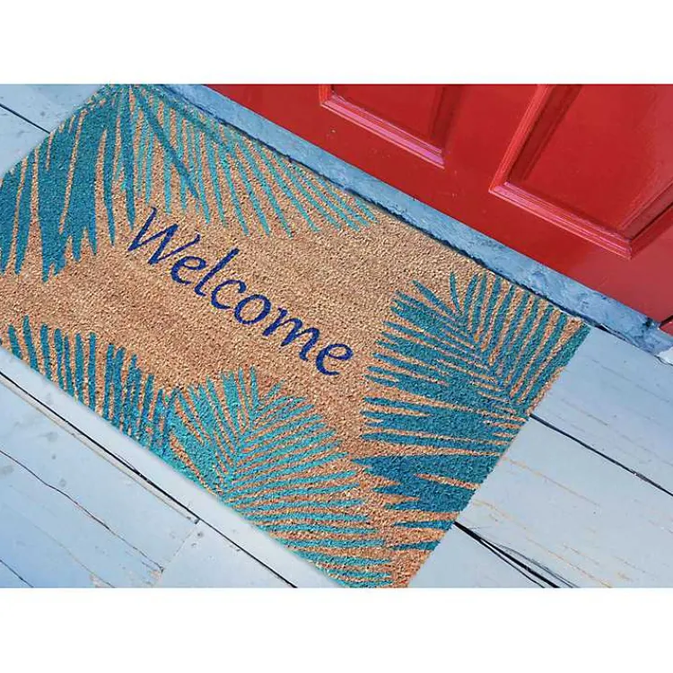 Doormats-Kirklands Home Blue Palm Fronds Welcome Coir Doormat