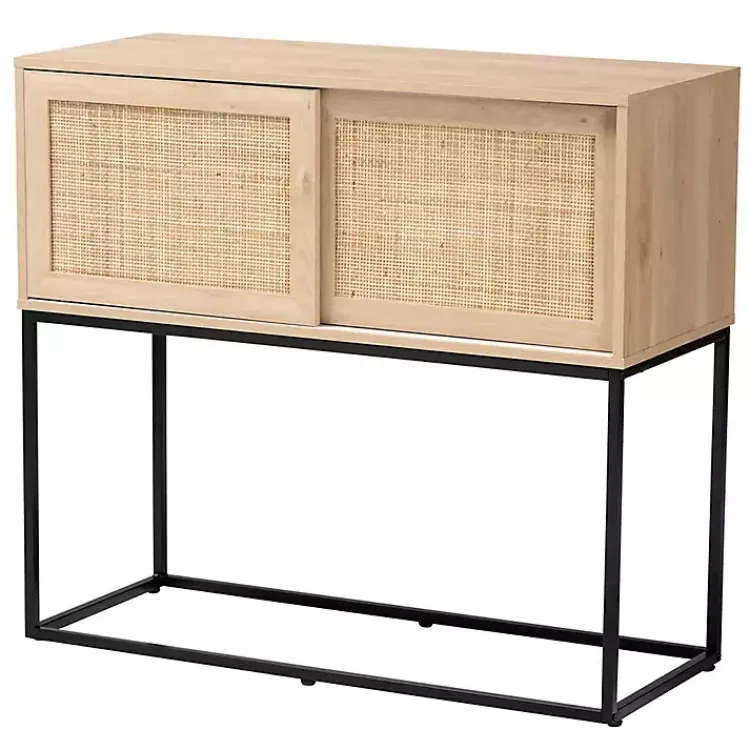 Cabinets & Sideboards-Kirklands Home Light Wood and Rat Sliding Door Cabinet Tan