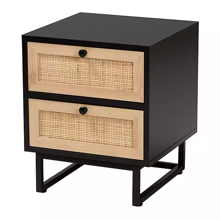 Nightstands-Kirklands Home Wood and Rattan 2-Drawer Nightstand Black
