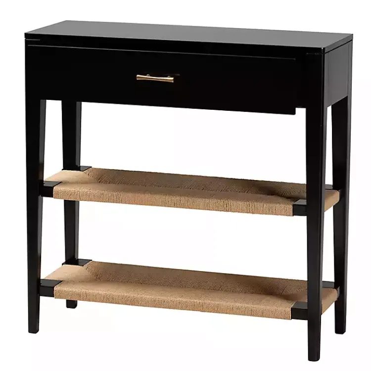 Console Tables-Kirklands Home Wood Woven Shelves Console Table Black
