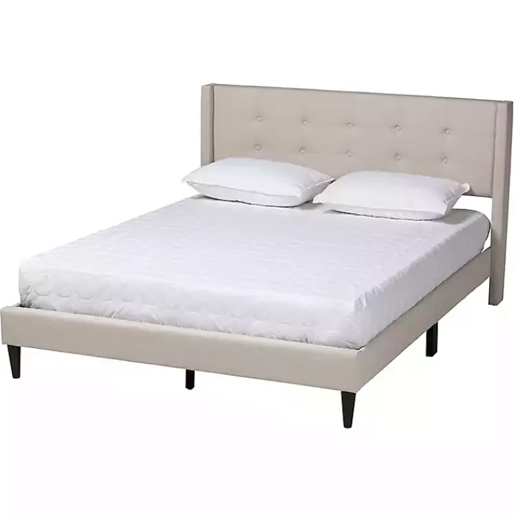 Beds & Headboards-Kirklands Home Beige Button Tufted Headboard Full Platform Bed Tan