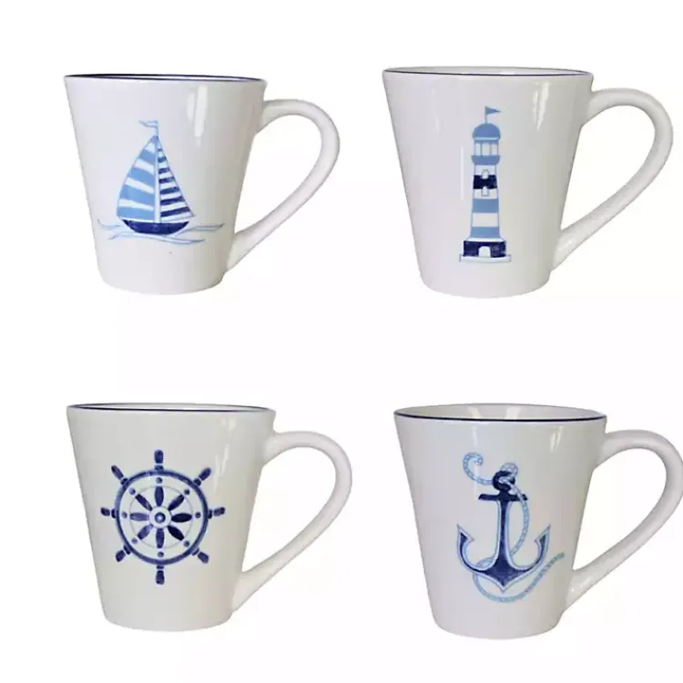 Glassware & Drinkware-Kirklands Home White and Blue Nautical Mugs, Set of 4