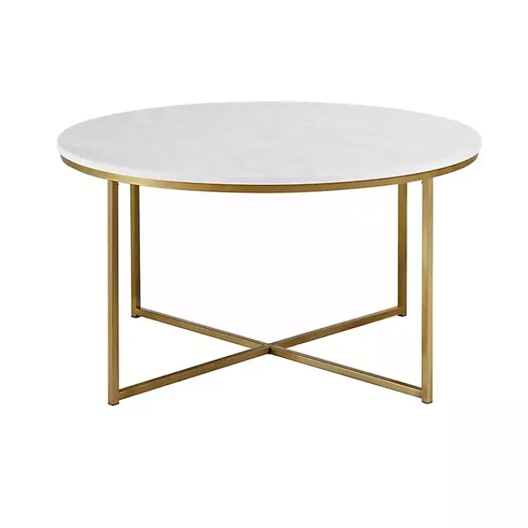Coffee Tables-Kirklands Home Faux Marble & Gold X-Base Coffee Table White