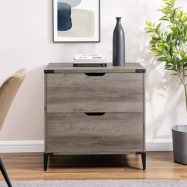 Office Furniture-Kirklands Home Wood and Iron Accent Filing Cabinet Gray