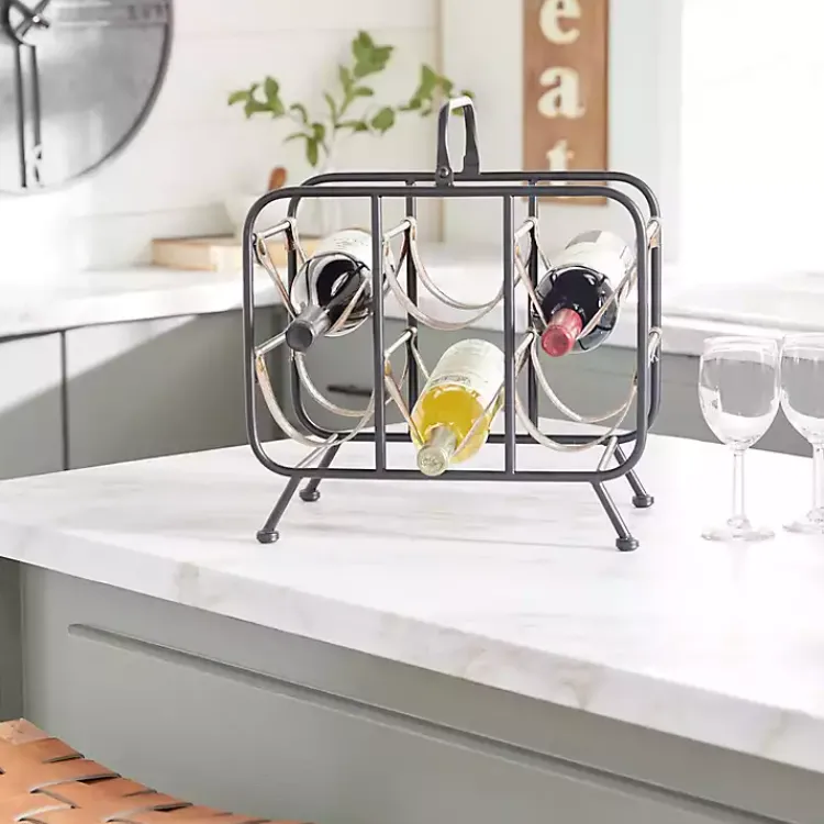 Barware-Kirklands Home Black Metal and Faux Leather Wine Rack