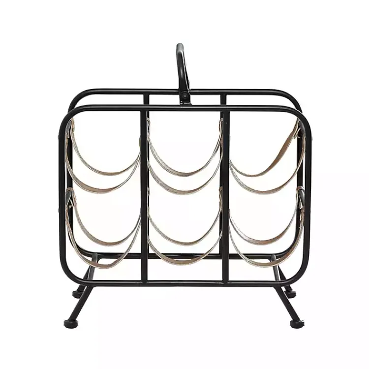 Barware-Kirklands Home Black Metal and Faux Leather Wine Rack
