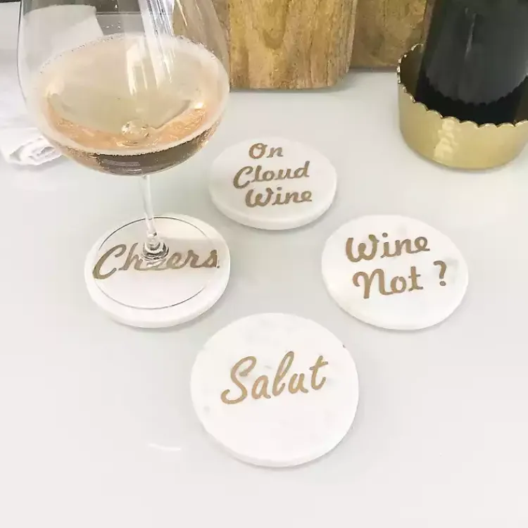 Barware-Kirklands Home White and Gold Marble Wine Coasters, Set of 4