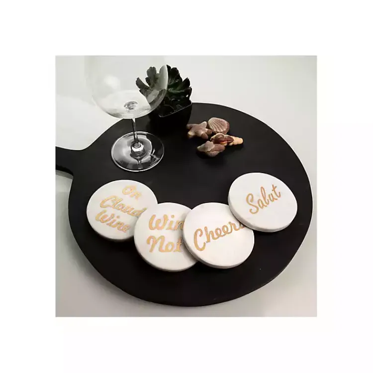 Barware-Kirklands Home White and Gold Marble Wine Coasters, Set of 4
