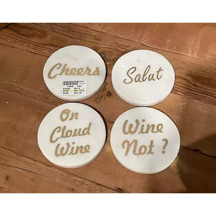 Barware-Kirklands Home White and Gold Marble Wine Coasters, Set of 4