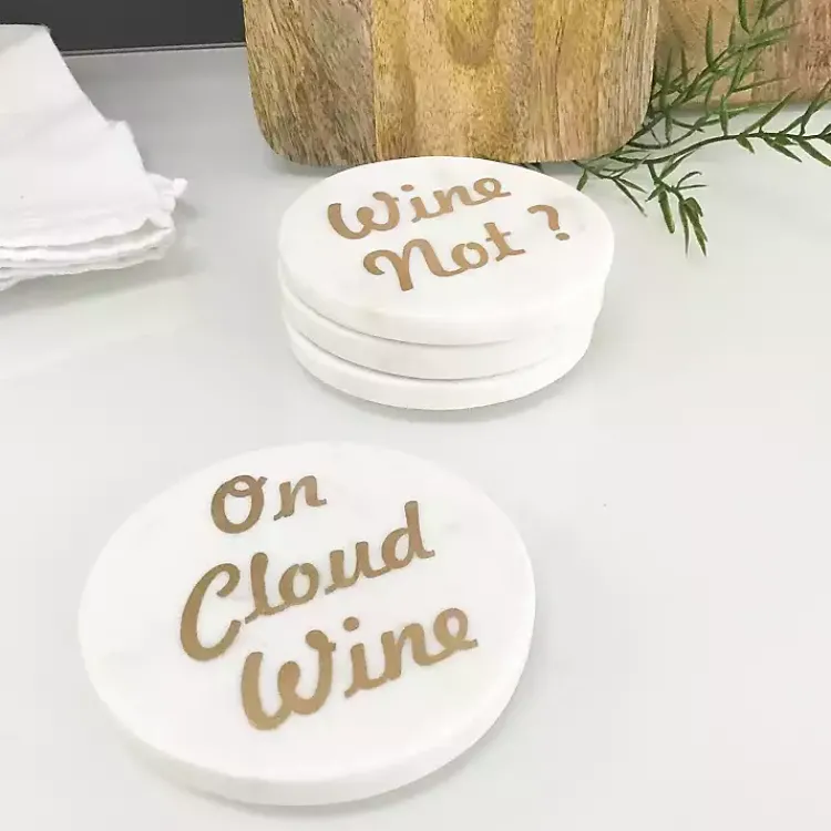 Barware-Kirklands Home White and Gold Marble Wine Coasters, Set of 4