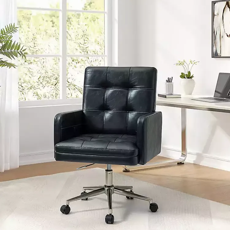 Office Furniture-Kirklands Home Navy Tufted Faux Leather Swivel Office Chair Blue