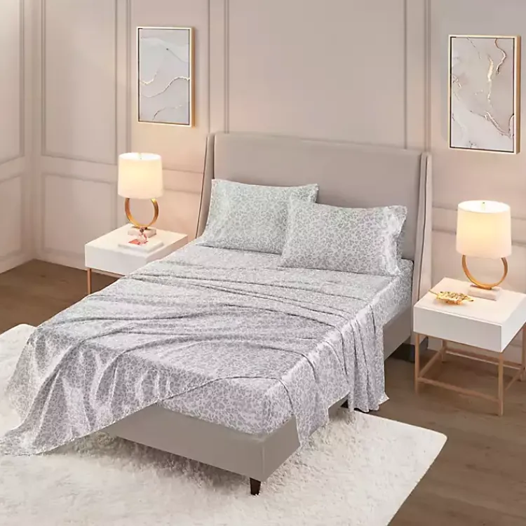 Bed Sheets-Kirklands Home Gray Leopard Print Satin 4-pc. Queen Sheet Set