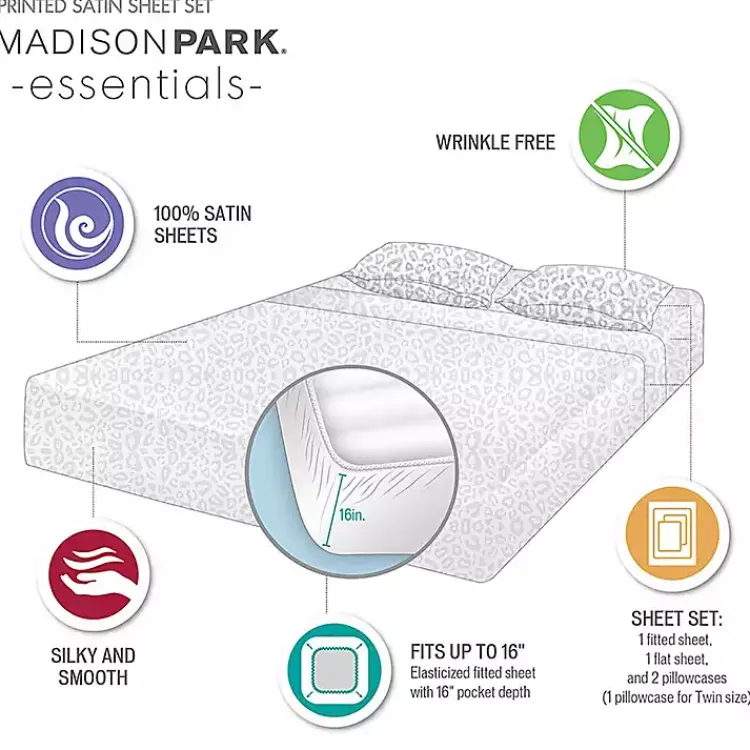 Bed Sheets-Kirklands Home Gray Leopard Print Satin 3-pc. Twin Sheet Set