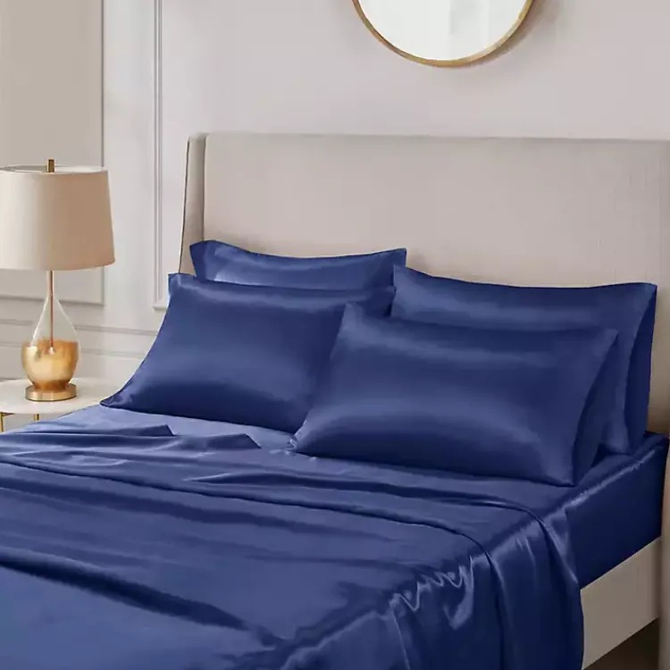 Bed Sheets-Kirklands Home Navy Satin 6-pc. Full Sheet Set Blue