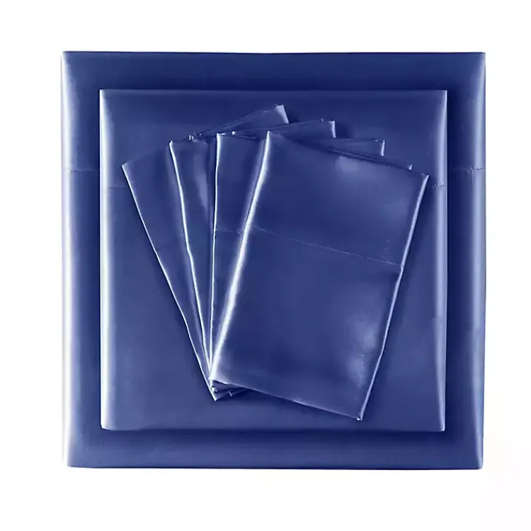 Bed Sheets-Kirklands Home Navy Satin 6-pc. Queen Sheet Set Blue