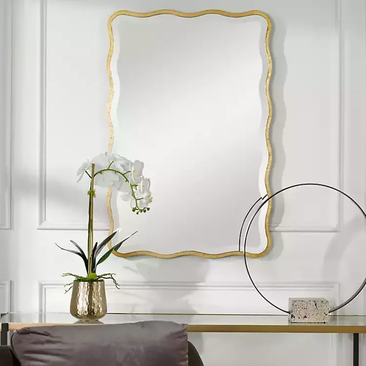 Decorative Mirrors-Kirklands Home Gold Wood Wavy Frame Beveled Wall Mirror