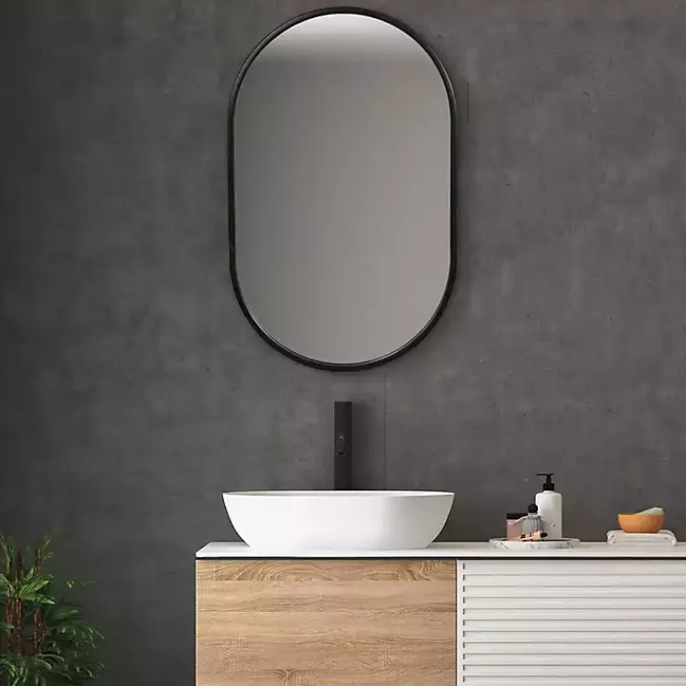 Decorative Mirrors-Kirklands Home Satin Iron Oval Framed Wall Mirror Black