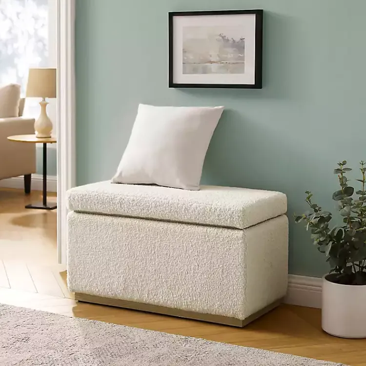 Benches & Ottomans-Kirklands Home Ivory Sherpa & Pine Rectangle Storage Ottoman