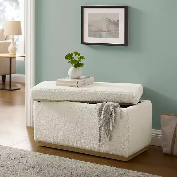 Benches & Ottomans-Kirklands Home Ivory Sherpa & Pine Rectangle Storage Ottoman