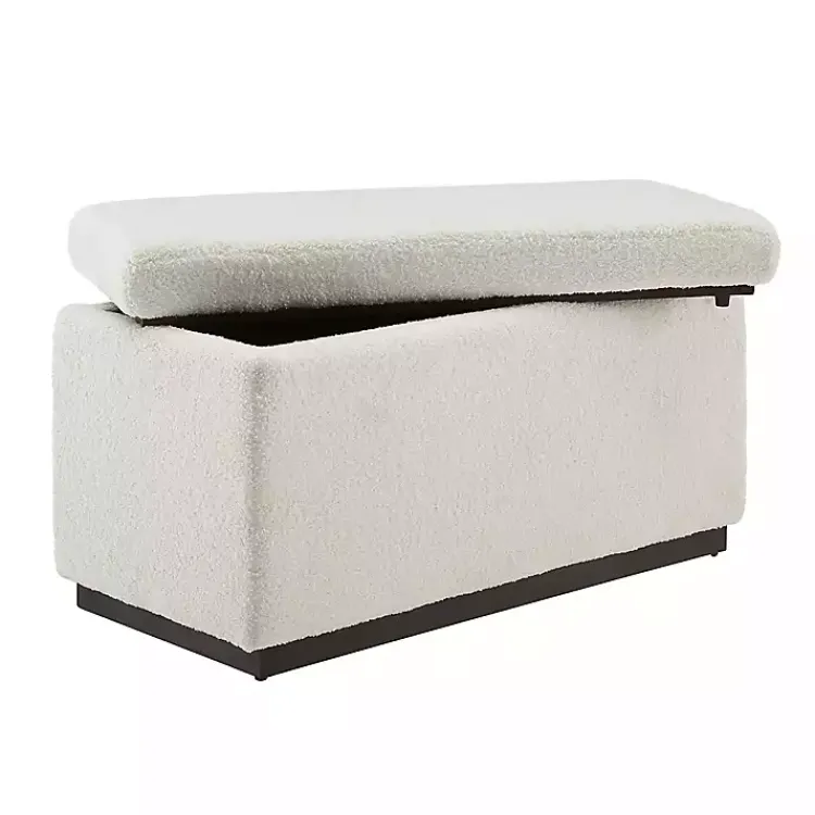 Benches & Ottomans-Kirklands Home Ivory Sherpa & Walnut Rectangle Storage Ottoman