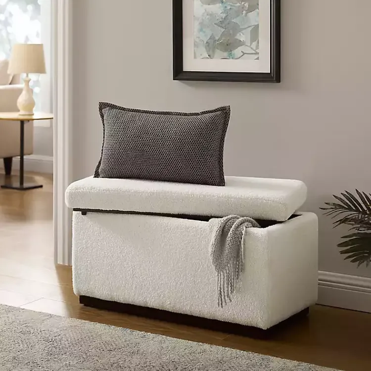 Benches & Ottomans-Kirklands Home Ivory Sherpa & Walnut Rectangle Storage Ottoman
