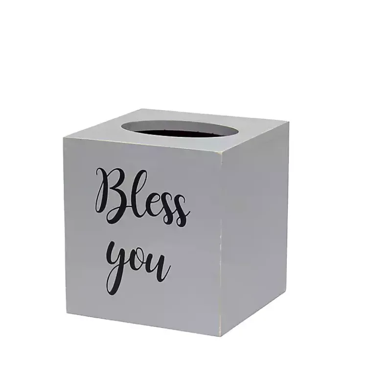 Bathroom Accessories-Kirklands Home Bless You Wood Tissue Box Cover Gray