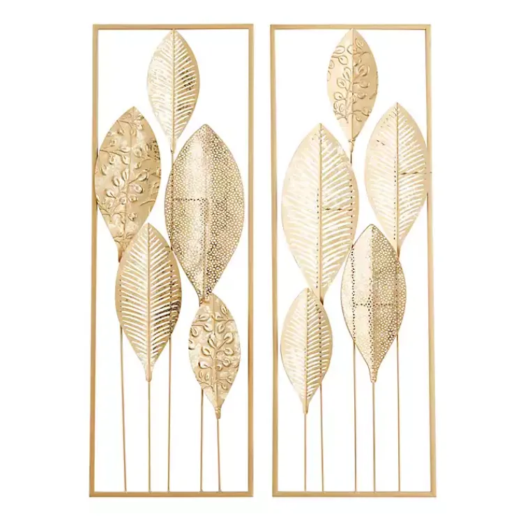 Wall Plaques-Kirklands Home Metal Leaves Wall Plaques, Set of 2 Gold