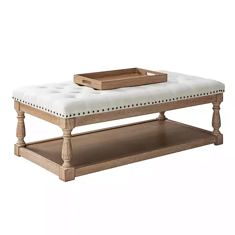 Benches & Ottomans-Kirklands Home Tufted Rectangle Wood Ottoman Ivory