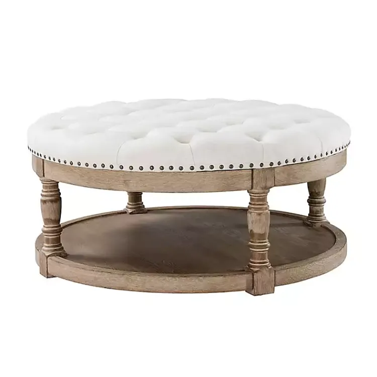Benches & Ottomans-Kirklands Home Round Cepheus Tufted Ottoman Ivory