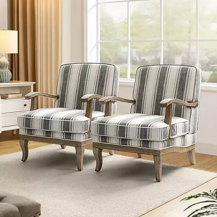Accent Chairs-Kirklands Home Farmhouse Gray & Brown Striped Armchairs, Set of 2