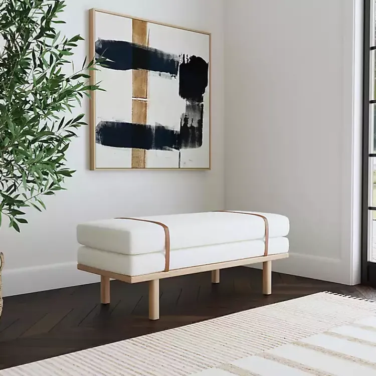 Entryway Furniture-Kirklands Home Cream Boucle Brown Faux Leather Bench White