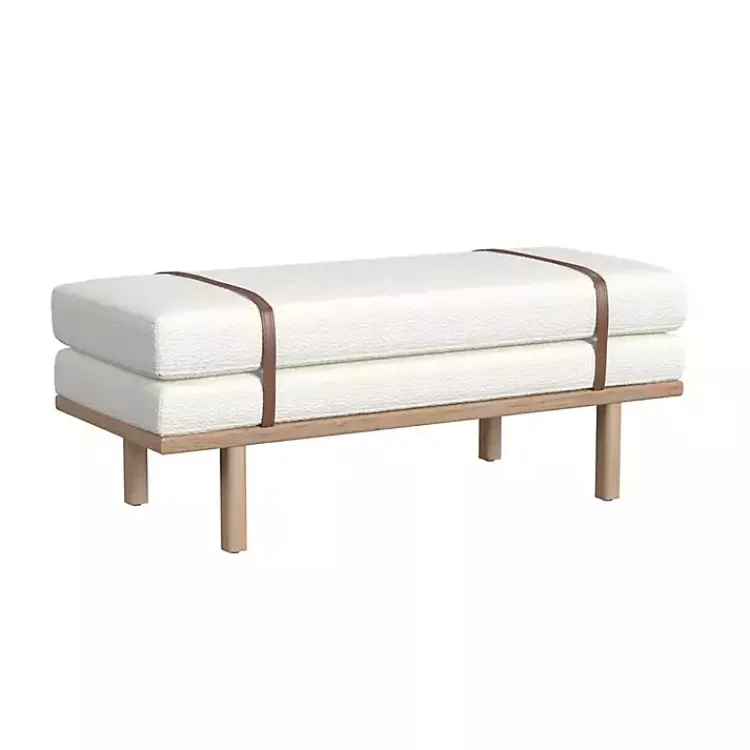 Entryway Furniture-Kirklands Home Cream Boucle Brown Faux Leather Bench White