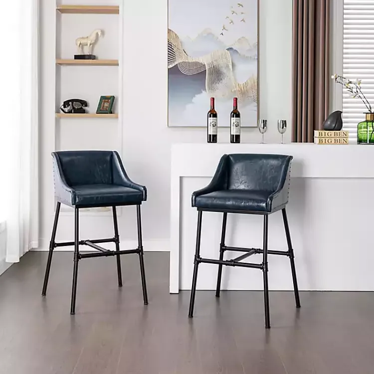Bar Stools & Counter Height Stools-Kirklands Home Midnight Faux Leather Parlor Bar Stool Blue
