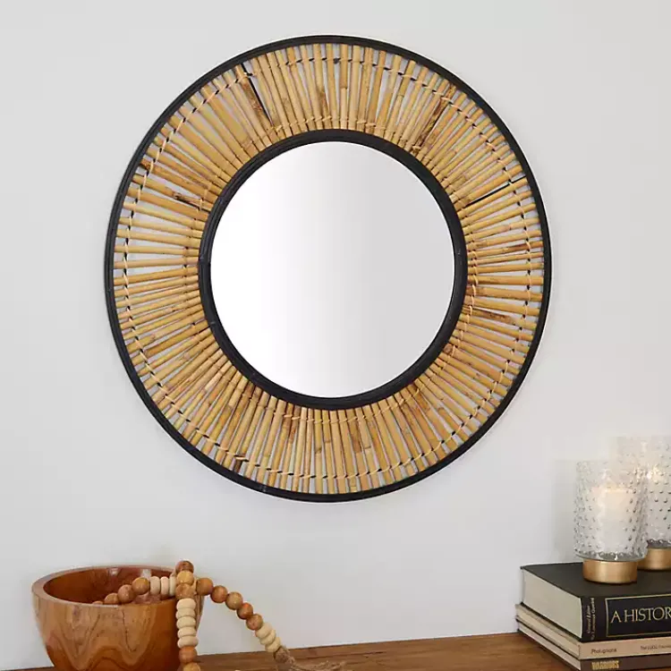 Decorative Mirrors-Kirklands Home Natural Round Slatted Frame Wall Mirror