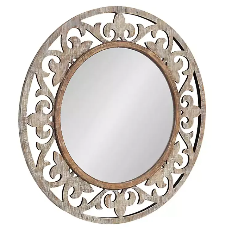 Decorative Mirrors-Kirklands Home washed Wood Round Shavali Mirror White