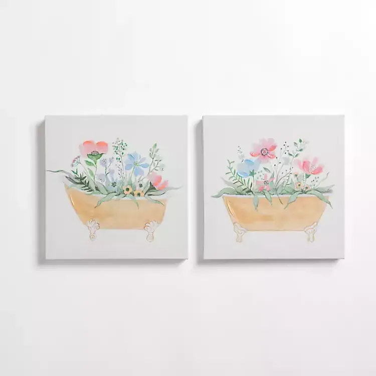 Canvas Art-Kirklands Home Floral Tan Bathtub Canvas Art Prints, Set of 2