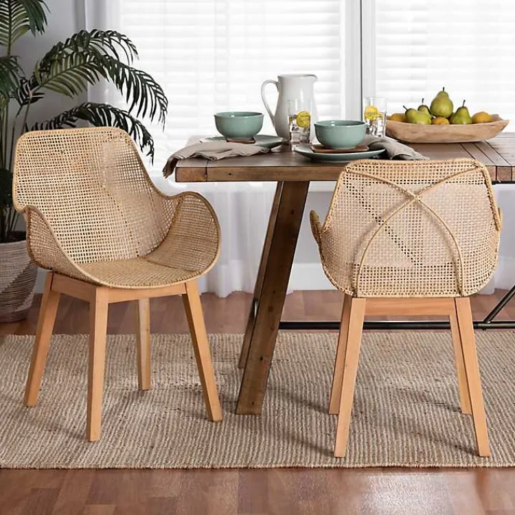 Dining Chairs-Kirklands Home Wood and Rat Flared Dining Chairs, Set of 2 Tan