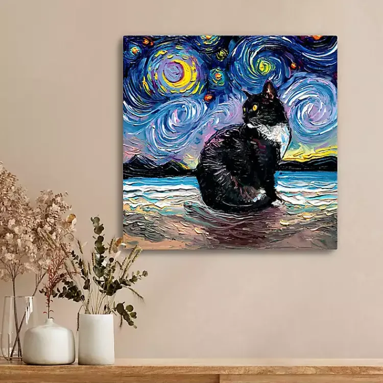Canvas Art-Kirklands Home Aja Trier Tuxedo Cat Starry Night Canvas Art Print