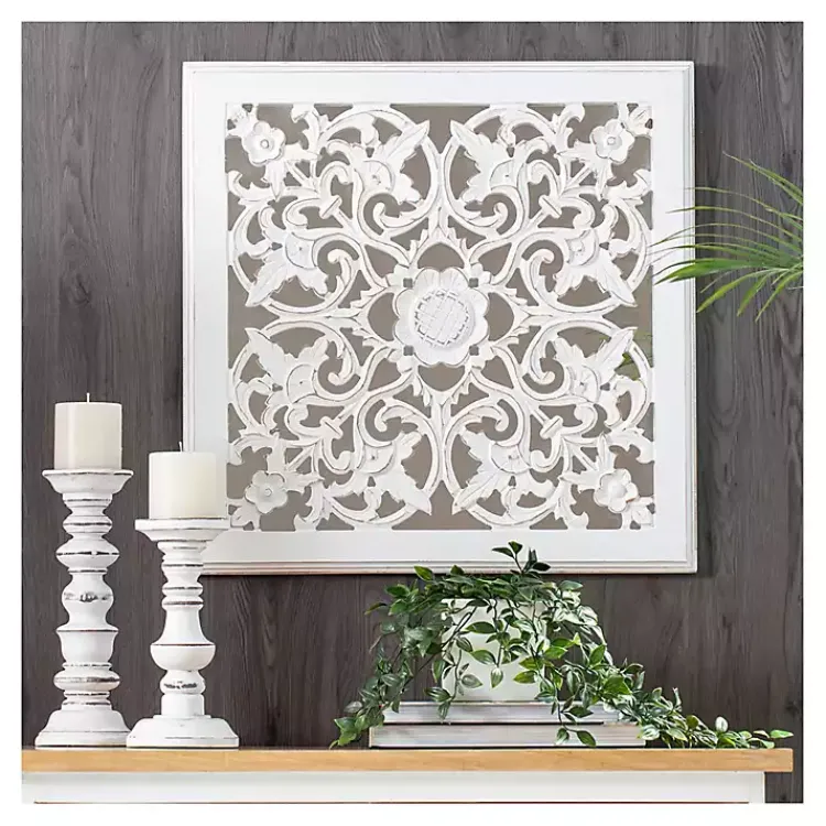 Decorative Mirrors-Kirklands Home Distressed Cream Carved Floral Medallion Mirror