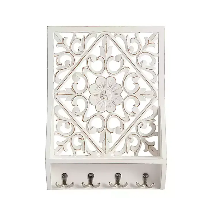 Wall Storage-Kirklands Home Distressed White Floral Carved Wall Shelf