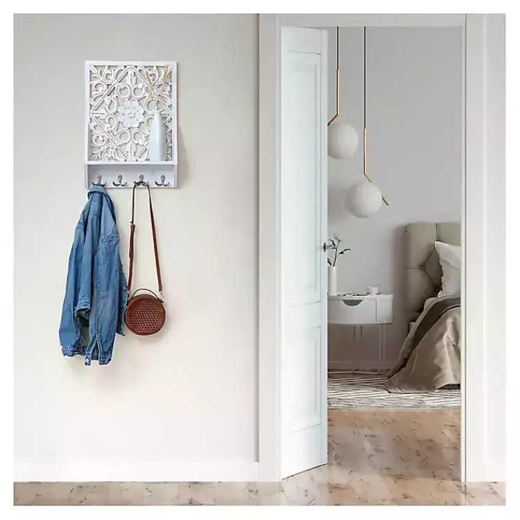 Wall Storage-Kirklands Home Distressed White Floral Carved Wall Shelf