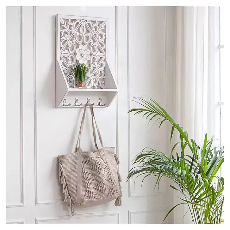 Wall Storage-Kirklands Home Distressed White Floral Carved Wall Shelf