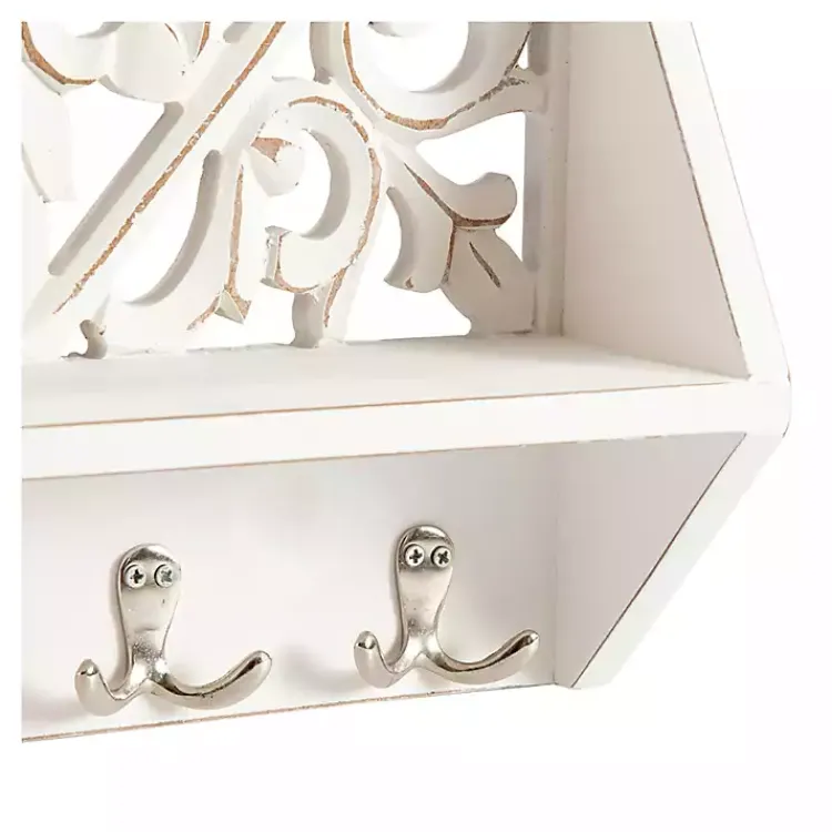 Wall Storage-Kirklands Home Distressed White Floral Carved Wall Shelf