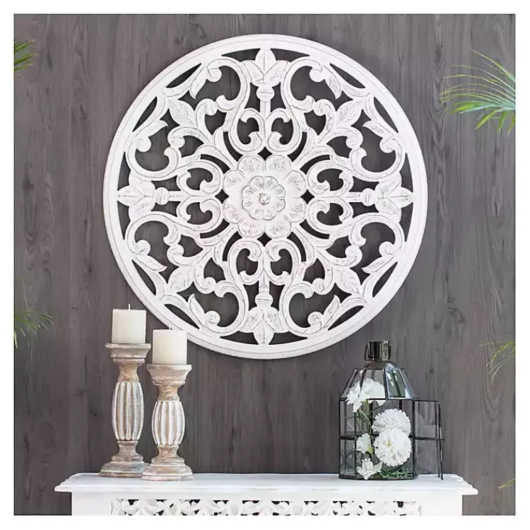 Wall Plaques-Kirklands Home Round Medallion Wood Plaque White