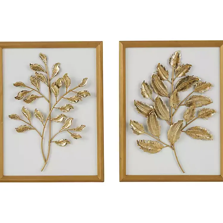Wall Plaques-Kirklands Home Gold Metal Leaves Framed Wall Plaques, Set of 2